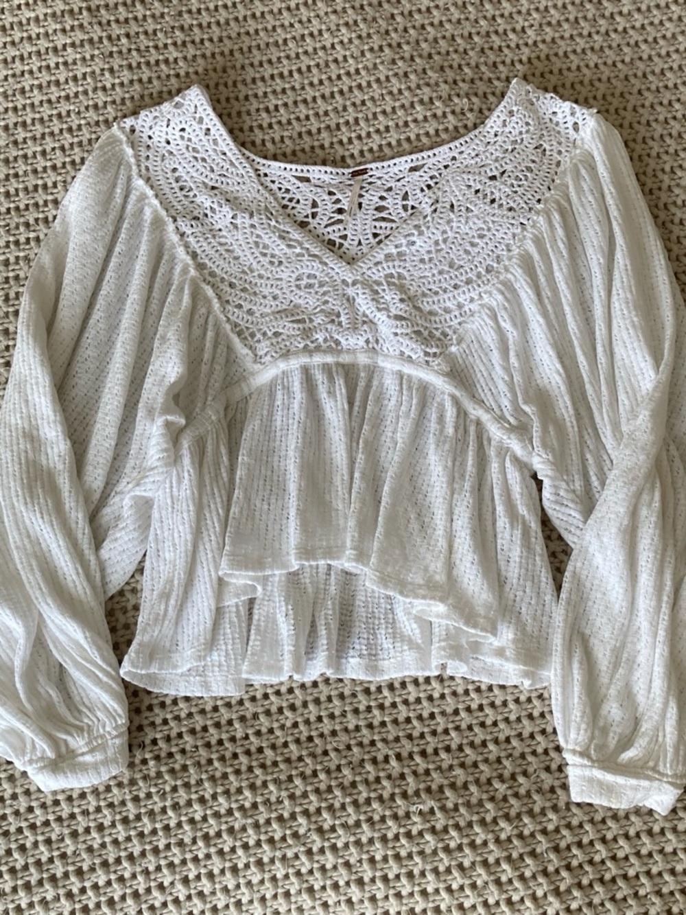 Free People White Crochet Yoke Peasant Top
